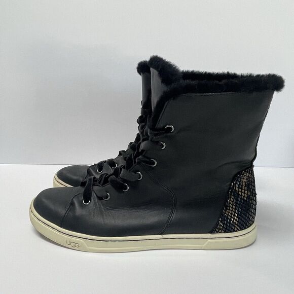 UGG Croft Exotic Velvety Snakeskin Faux Fur Black Leather Lace Up Sneaker 11 - Picture 1 of 10